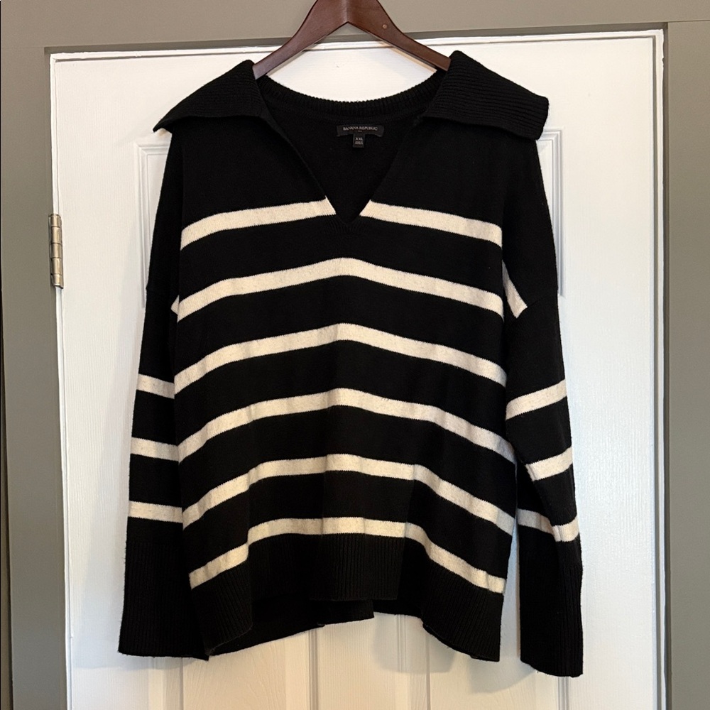 Banana Republic Classic V Neck Split Collared Black Stripe Sweater